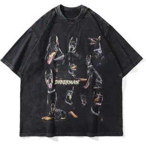 Aelfric Eden Men’s Vintage Oversized Tee Shirts Doggy Graphic Print Crewneck Crop Tops Streetwear Cotton Short Sleeve