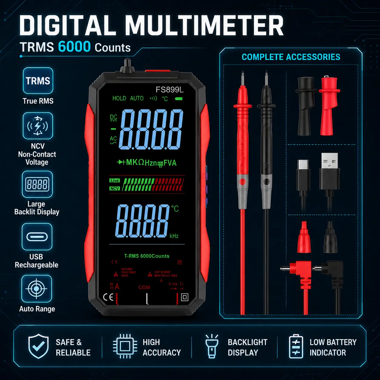 TRMS 6000-Count Digital Multimeter, 4.8-inch Color Display, Smart Multifunction Tester, USB Charging, Professional-Grade Electrical Measurement Tool