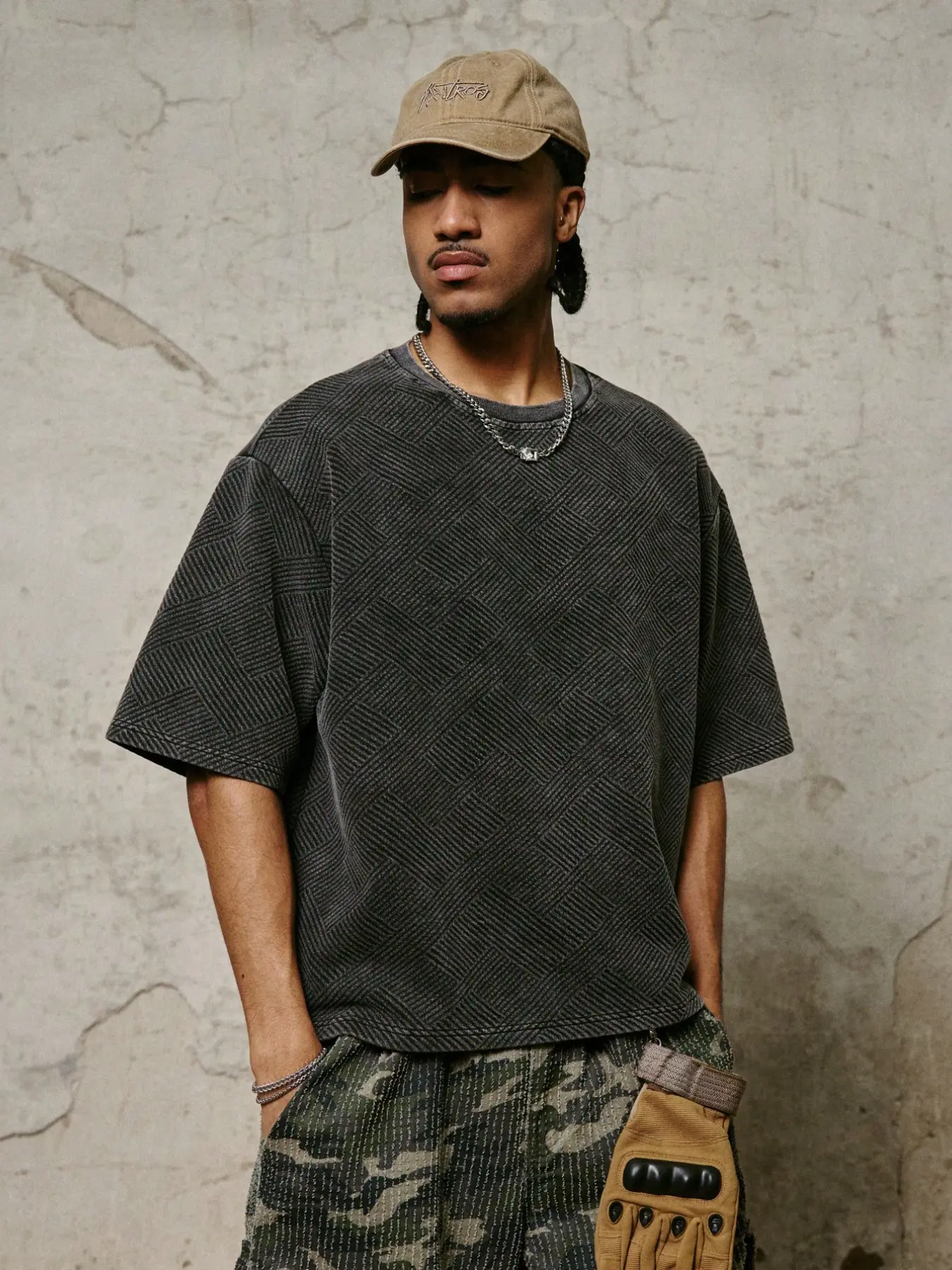 Premium Textured Knit T-Shirt in Acid Wash Grey - Vintage Jacquard Waffle Pattern Short Sleeve Tee, Casual Minimalist Clean Fit Heavyweight Top for Daily High-Street Streetwear Styling.