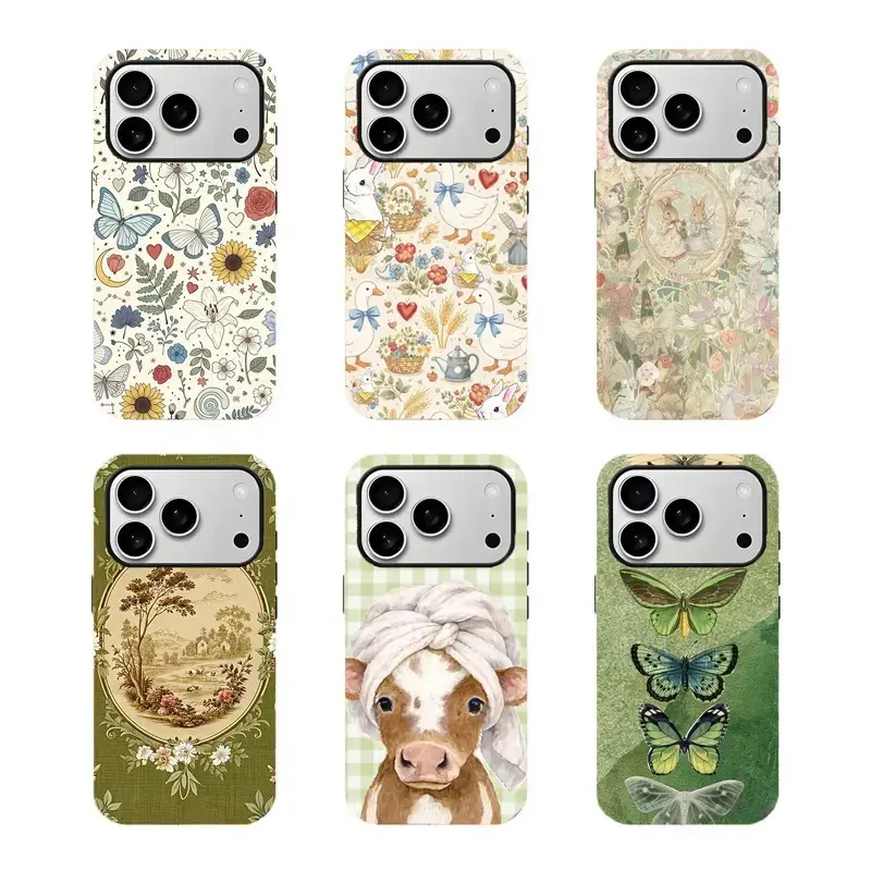 Vintage Cottagecore Farm Animals Plastic Cellphone Case - Crash-Proof Dual-Layer Casing, Shockproof Protection, Butterflies, Florals, Green Pastoral Design, Cleaning Accessory for iPhone 17/16/15/14/13/12/11 Pro Max