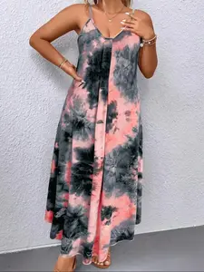 【Plus Size】 Tie Dye Print Cami Dress, Casual Boho Chic Sleeveless Spaghetti Strap Dress for Summer, Boho Fashion Dress, Women's Plus Clothing for Daily Wear