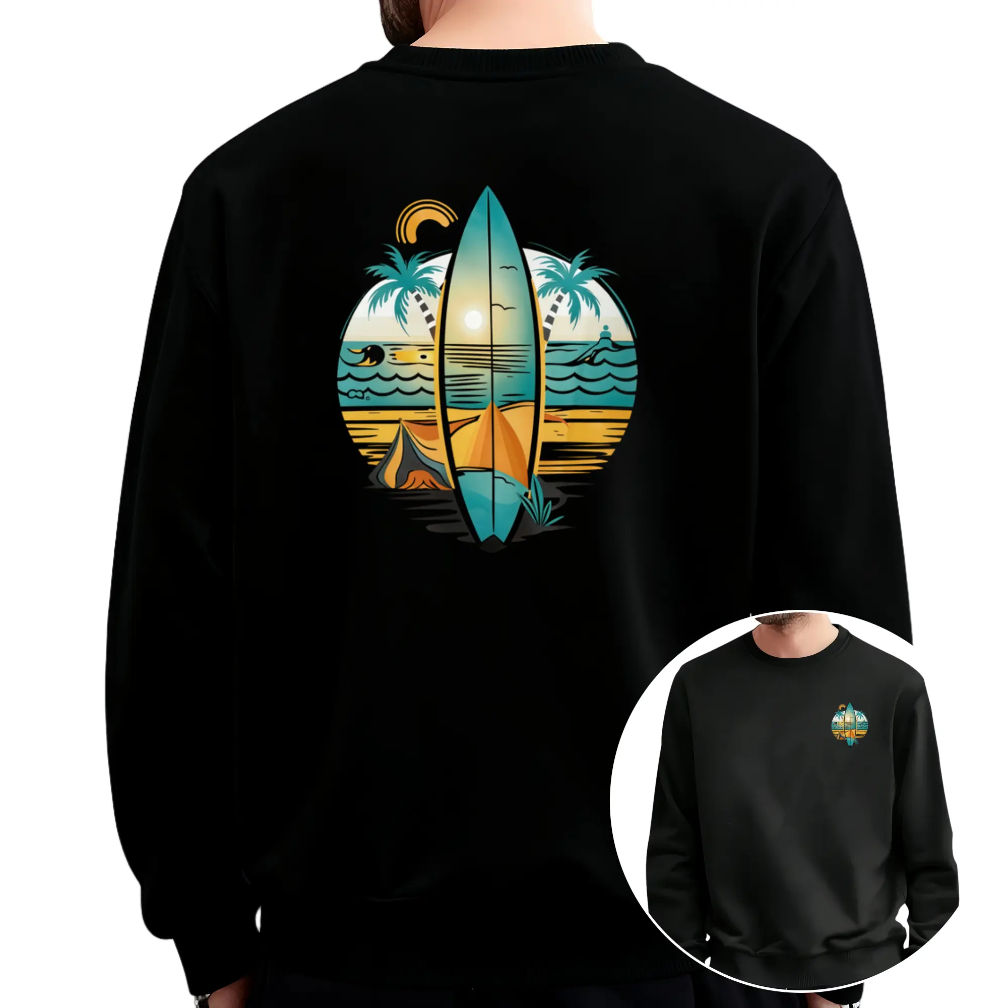 Men's Long Sleeve Surf Sweatshirt – Breathable Loose Fit with Surfboard & Beach Print, Perfect for Surfing, Casual Beachwear, and Easy Machine Wash Care Classic Fabrics