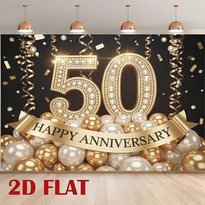 1pc 2D Flat 50th Anniversary Photography Backdrop - Black Golden Glitter Sparkling Number 50 & Happy Anniversary Text, Golden Balloons Confetti Indoor Outdoor Decor, Studio