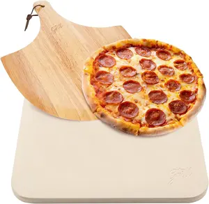 PIZZA STONE | Rectangular Pizza Stone For Oven Baking & BBQ Grilling With Free Wooden Peel | Extra Large 15 x 12" Inch Durable Cordierite Cooking
