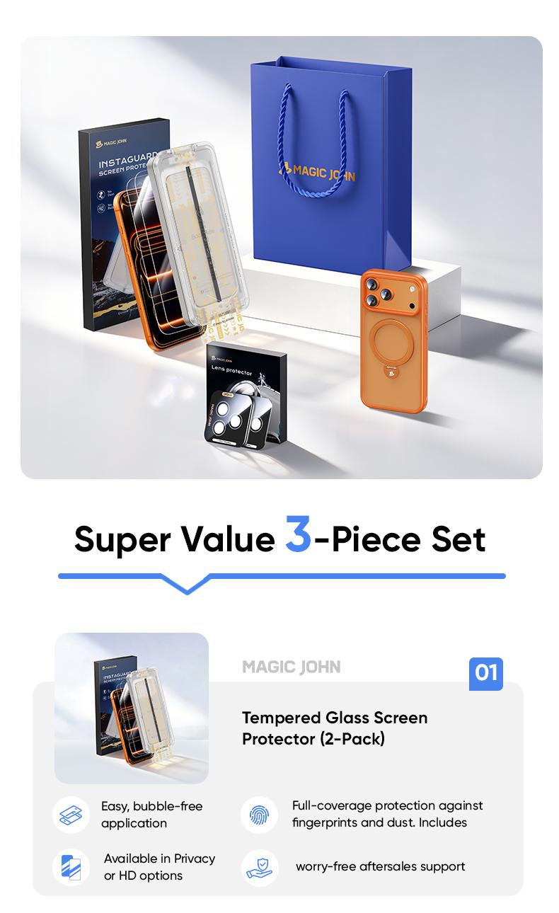 MAGICJOHN Digital Value Bundle for iPhone17/16/15Pro&Pro Max Includes HD or Privacy Tempered Glass Screen Protector, Camera Lens Protector, 360° Rotating Magnetic Stand Phone Case, 45W Super Fast Charger, and 65W USB-C 4-in-1 Charging Cable