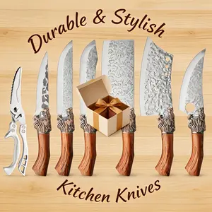 Professional Kitchen Chef Knives Handmade Forged Stainless Steel 3/7 Piece Set Ultra Sharp Bone Scissors for Cooking & Cutting Fish Butcher Knives