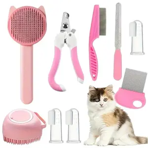 8Pcs Pet Brush Beauty Kit with Pet Nail Clippers and Files Pet Self-Cleaning Kit Flea Comb Pet Shampoo Bath Brush Pet Sheddin