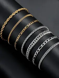 7-Piece Stainless Steel Men's Bracelet Set, Fashion Streetwear Hip-Hop Simple Cuban Chain, Daily Party Gift for Boyfriend Son Birthday Father's Day