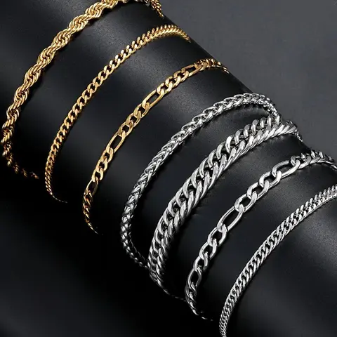 7-Piece Stainless Steel Men's Bracelet Set, Bracelet Combination Set, Bracelet Stack, Stackable Bracelets, Cuban Link Bracelet, Fashion Streetwear Hip-Hop Simple Cuban Chain, Daily Party Gift for Boyfriend Son Birthday Father's Day, Cuban Chain Bracelets