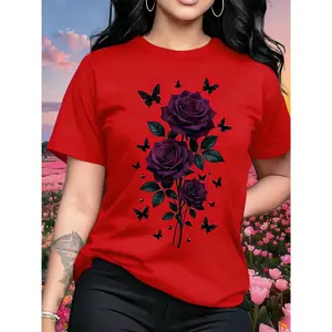 Women's 100% Pure Cotton Basic Fit Smooth Fabric Short-Sleeve Round Neck Casual T-Shirt - Romantic Unique Rose Print, Sweet Elegant Daily Top, Ideal for Travel, Vacation, Valentine's Day Gift for Girlfriend