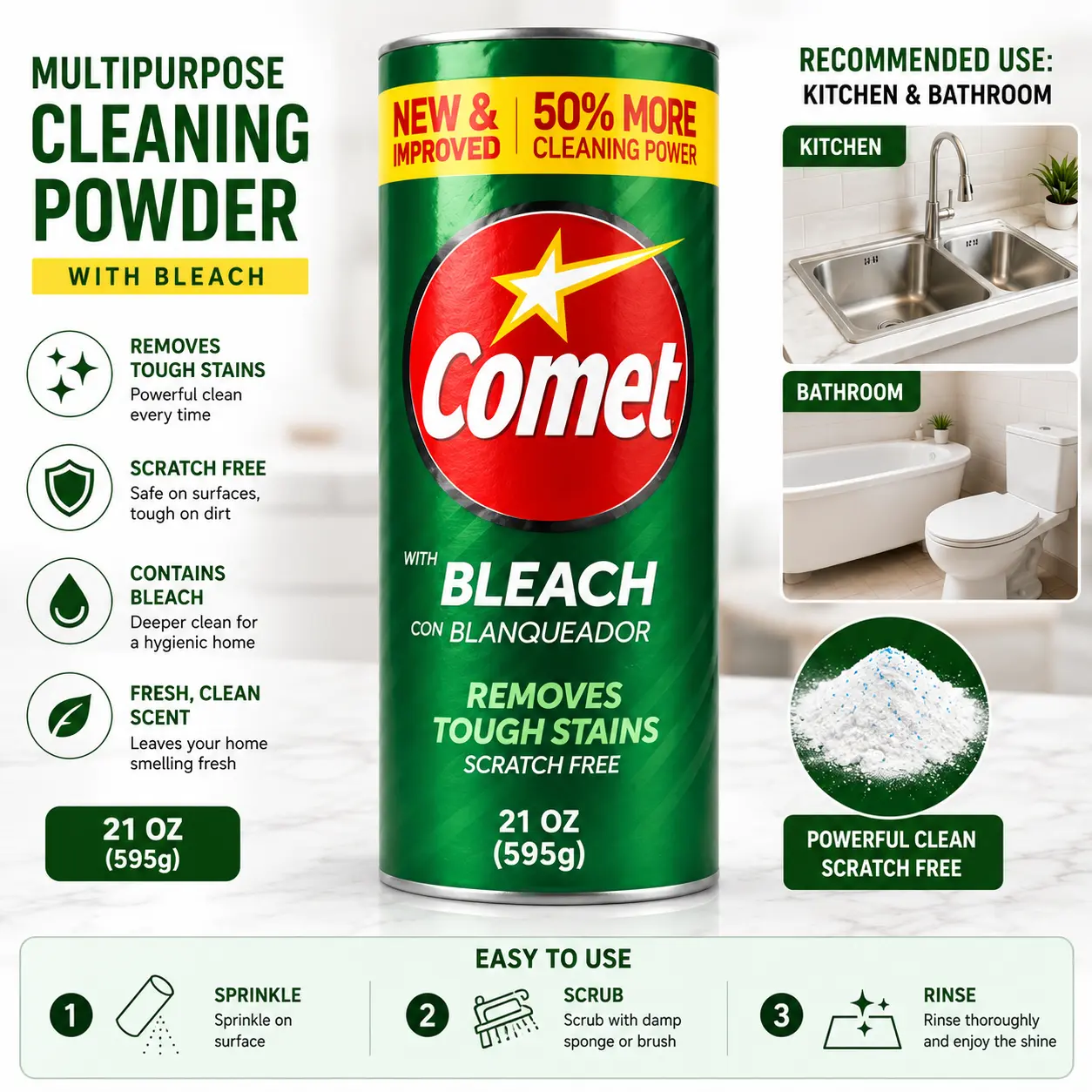 Comet Cleaning Powder with Bleach 21 oz Powerful Cleaner Cleaner
