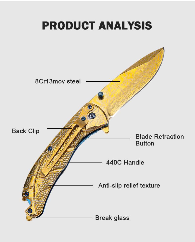 Portable EDC multifunctional tactical outdoor folding knife, all steel construction; convenient pocket/belt clip, suitable for everyday carry, hiking, camping; outdoor cutting tool designed specifically for climbing and fishing.