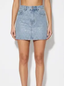 Women's Fashion Full Rhinestones High Stretch High Waist Straight Cut Skort Stylish Glamorous Design Comfortable Fit Versatile Wear