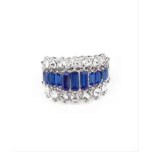CACHE Value Blue Ring with Sparkly White & Blue Rhinestones Stretchy Band for Flexible Fit