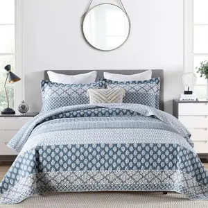 Quilt  Size -  Long-Staple  Lightweight  Quilt Set, Blue Gray Striped Bedding Set for  Bed, Farmhouse Floral Patchwork Reversible Bedspreads  Seasons, 3 count