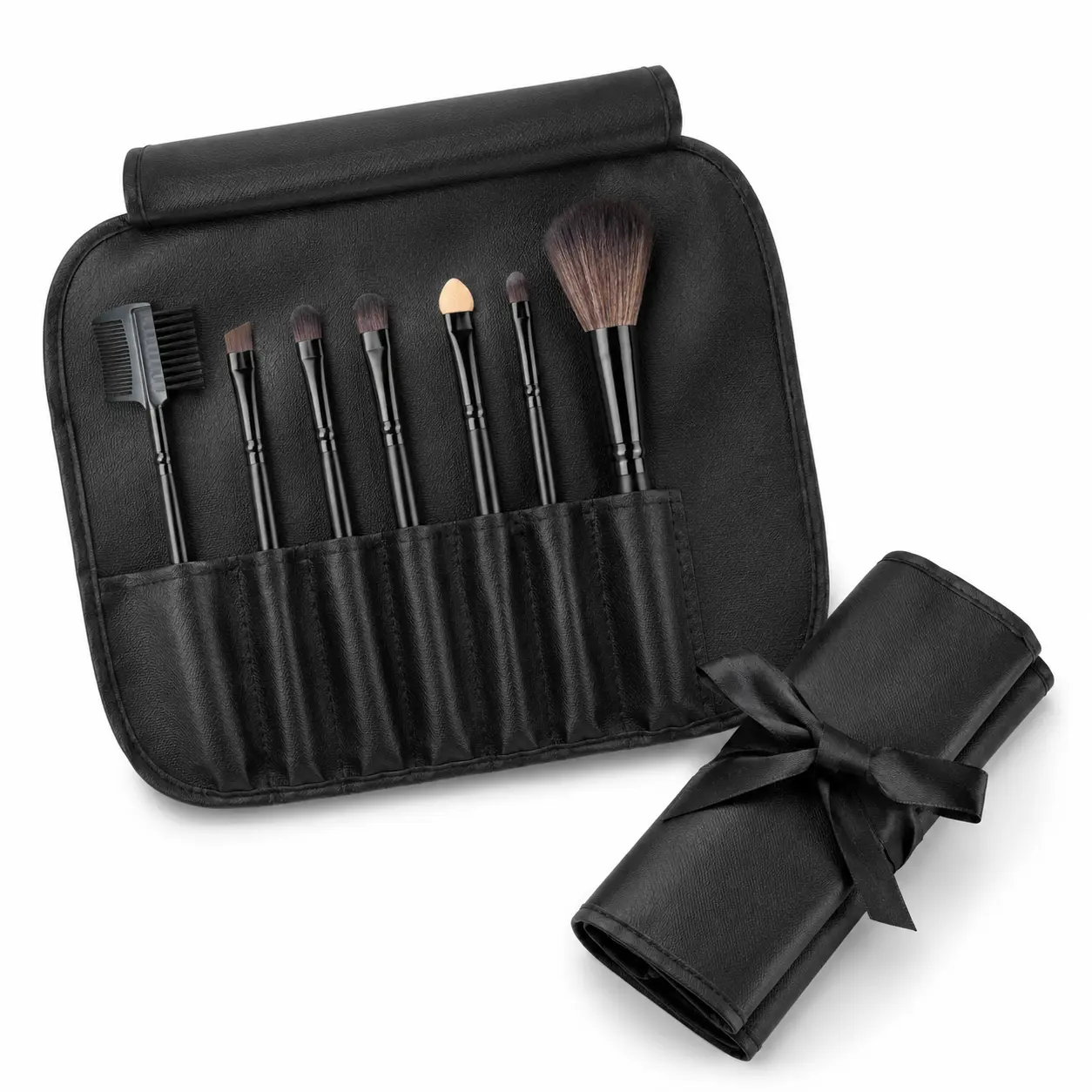 7-Piece Makeup Brush Set with Roll-Up Travel Pouch, Soft Nylon Cosmetic Brushes with Sponge-Tip Applicator, Portable Beauty Brush Kit for Daily Use & Travel