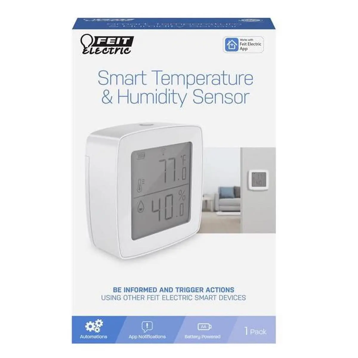 Feit Electric 4014238 Reptile & Amphibian WiFi Temperature & Humidity Sensor - 1.1x2.77in White Built-In Push Buttons, 40-77°F Range, Automatic Heat Source Turn-On, 1 Year Durability, No Batteries Needed for Any Space