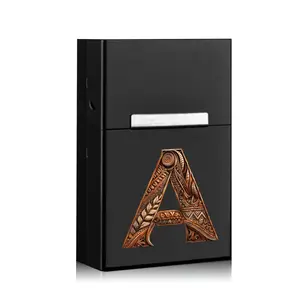 Portable Metal Cigarette Case with Magnetic Buckle Slim Cigar Organizer Aluminum Hard Shell Protector Box Moisture-proof Large Capacity for Daily Use Initial Name 26 Letters Wooden Texture Pattern Magnetic Closure