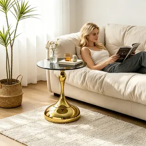 Living Room Small Coffee Table, end table, tempered glass top,small round side table for small space ,Cocktail Table,