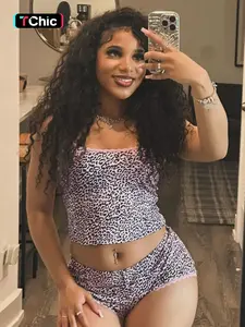 Women's Leopard Print Lace Trim Crop Cami Top &  Shorts Two-piece Set, Womenswear, Sexy Sleeveless Top & Shorts for Party Club Holiday, Ladies Summer Clothes