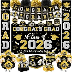 Graduation Decorations Class of 2026 Black and  Graduation Decorations with Congrats Grad Banner,Backdrop,Porch Sign,Balloons, Swirls,Honeycomb Centerpieces,Box for Graduation Party Decor