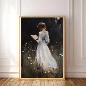 PRINTABLE Woman Reading Book, Wildflower Painting, Bookish Decor, Dark Academia Prints, Librariancore, Reading Nook, Moody Victorian Gothic