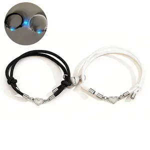 2-Pcs Luminous Heart-Shaped Matching Bracelets for Best Friends & Couples - Hand-Woven Magnetic Milan Cord Wristbands