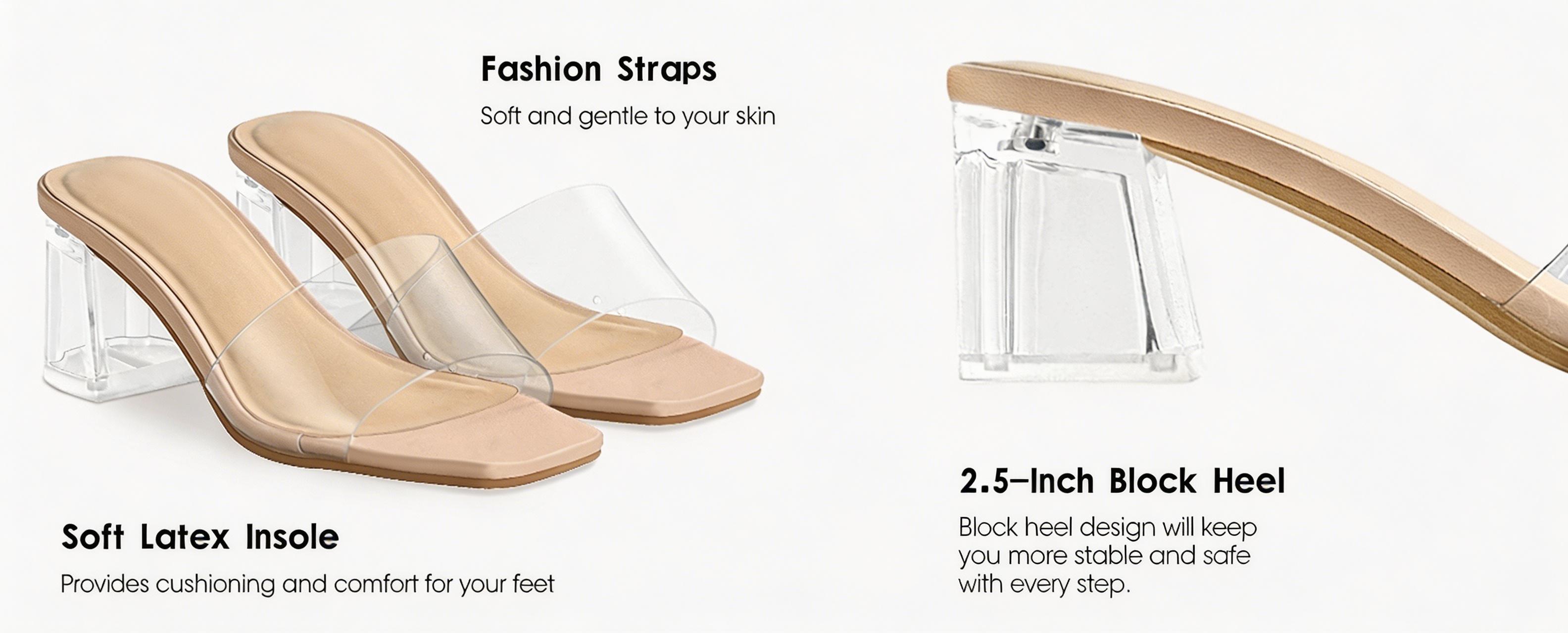 Women's Square Open Toe Heels Sandals Low Block Chunky Heeled Sandal Slip on Mules Comfortable Casual Dress Pumps Shoes