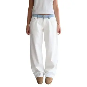 White Jeans with Blue Stripes Waistband With Poppers at the Side of the Waistband Straight Cigarette Pants Loose and Comfortable Women's Bottoms Can be used with raincoat