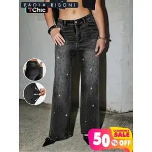 Women's High Stretch Rhinestone Straight Leg Jeans Pants, Casual Fitted Long Regular Fit, Button Fly, Pockets, Fall & Winter