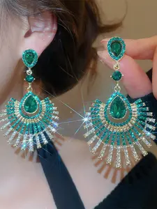 Vintage Fan-Shaped Crystal Earrings for Women, Statement Earrings, Elegant Daily Wear Wedding Holiday Jewelry, Zinc Alloy Material