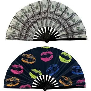 Folding Fan UV Glow Rave 25" Bamboo Summer Hand Fan Lips + Dollar Decoration Dancing Party Wedding Night Club Concert Festival Large