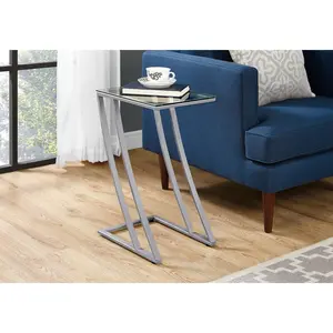 Accent Table, C-shaped, End, Side, Snack, Living Room, Bedroom, Tempered Glass, Grey Metal, Contemporary, Modern