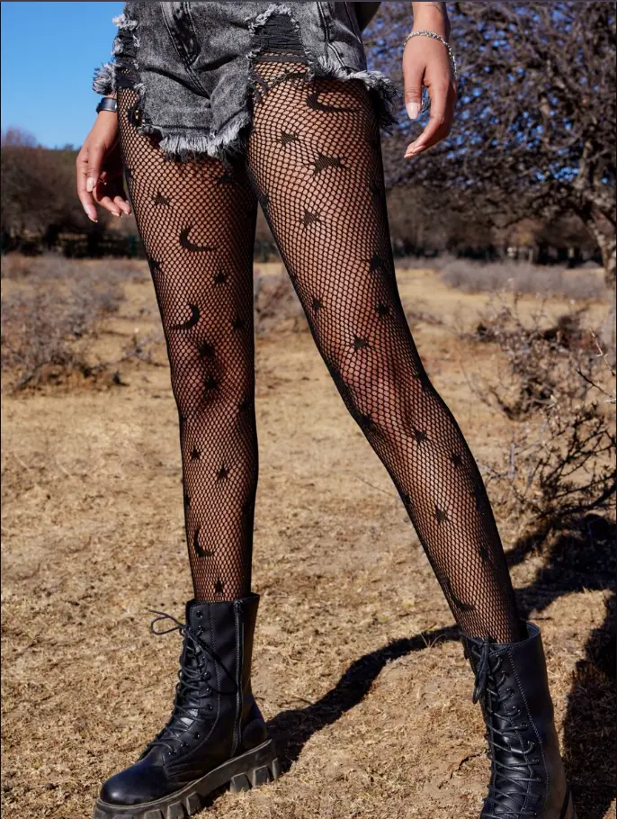 LUNA LAYER Womens Gothic Star Graphic Hollow Out Fishnet Tights for Halloween
