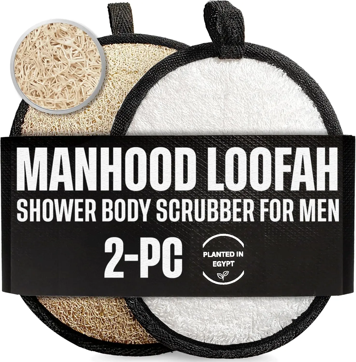 Men's 2-Piece Bath Loofah Body Scrubber Set - Men-Specific Rugged Yet Gentle Egyptian Fiber Luffa, Terry Cloth Pad for Personal Care, Black & White Design for Smoothing Skin, Two Piece Set, Men's Accessories