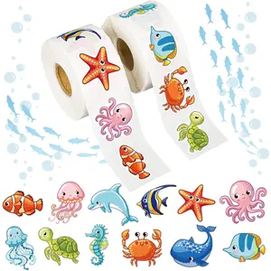 1200 PCS Ocean Animal Stickers Roll Cartoon Sea Life Fish Creature Labels for Ocean Theme Party Gifts Cards Envelopes Decoration, 2 Roll