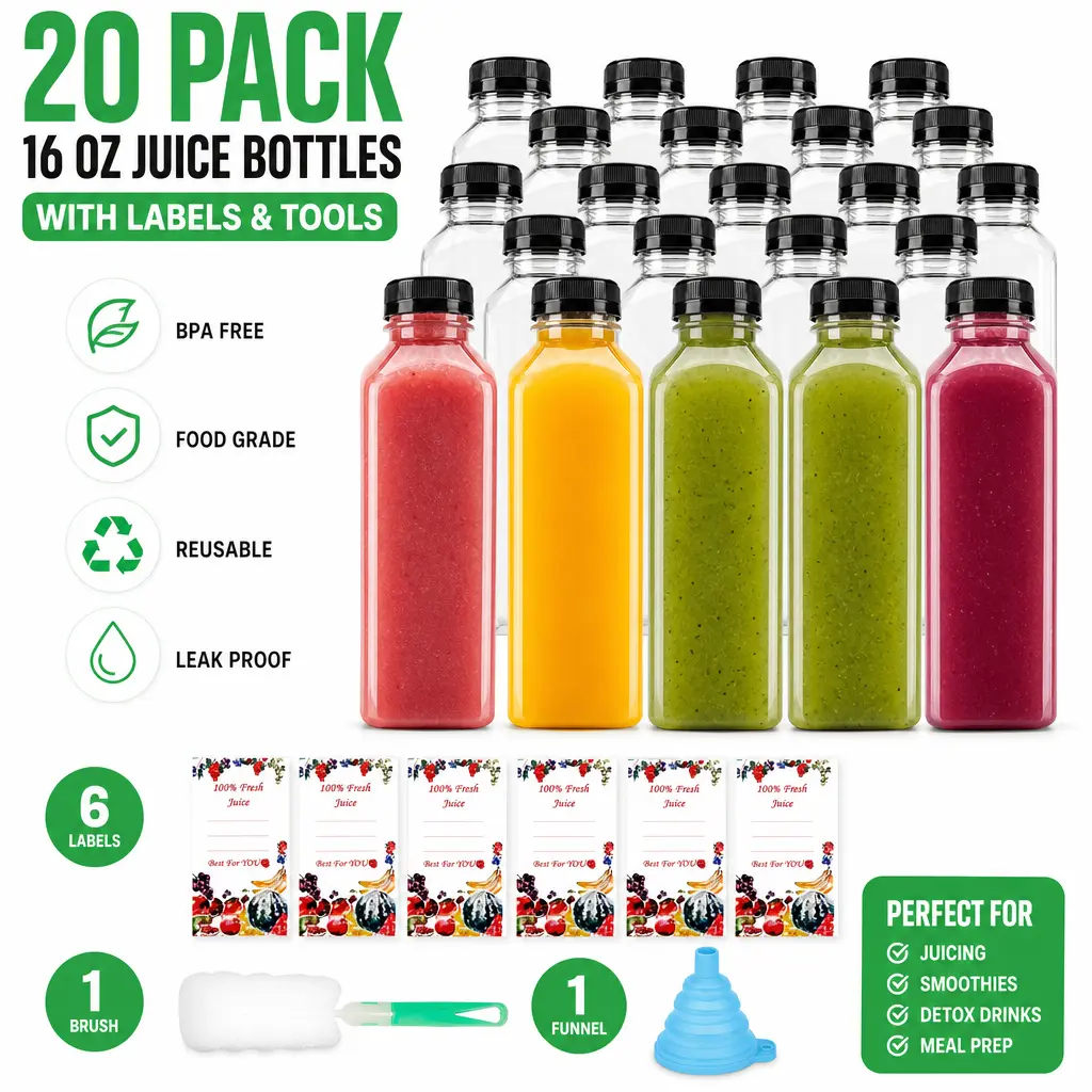 20 Pack 16oz Clear Plastic Juice Bottles with Caps – Reusable Juicing Containers, Leakproof Drink Bottles for Smoothie, Water, Beverages – Perfect for Meal Prep, Fridge Storage, On-the-Go