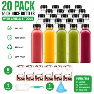 20 Pack 16oz Clear Plastic Juice Bottles with Caps – Reusable Juicing Containers, Leakproof Drink Bottles for Smoothie, Water, Beverages – Perfect for Meal Prep, Fridge Storage, On-the-Go