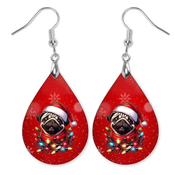 Christmas Pug Earrings – Holiday Dog Teardrop