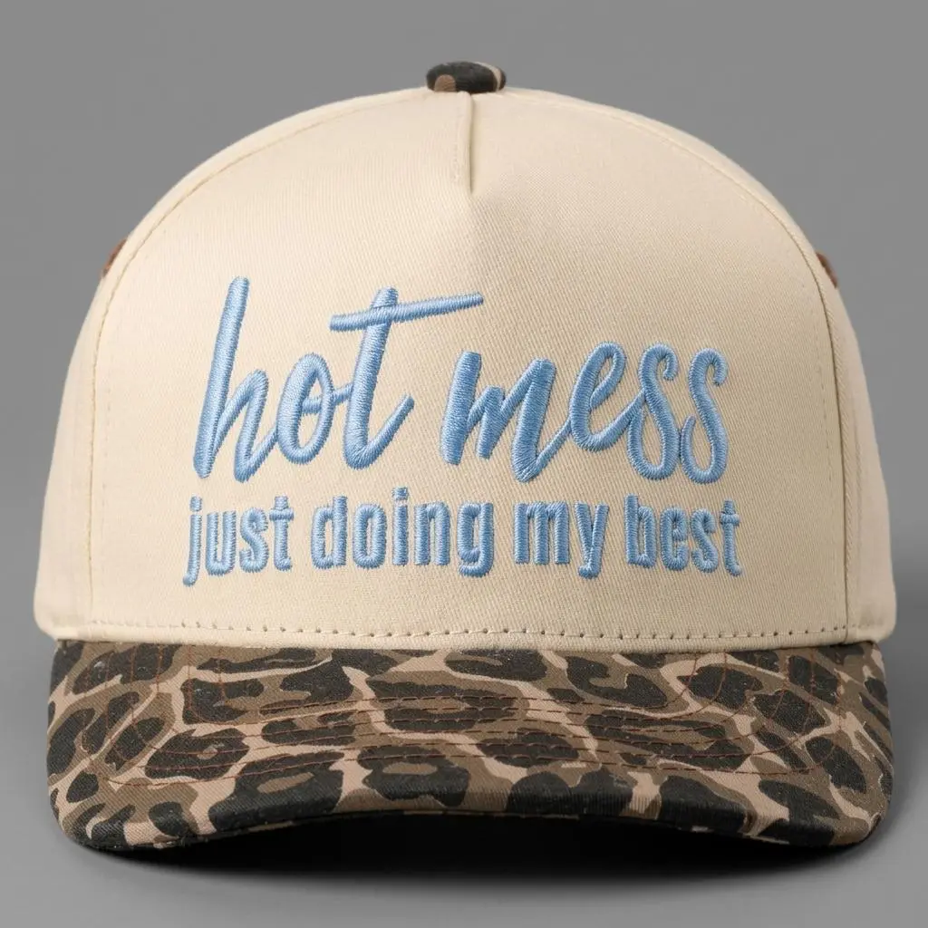 Hot Mess Just Doing My Best Embroidered Trucker Hat, Funny Cream Baseball Cap with Leopard Print Brim, Adjustable Snapback for Women and Men
