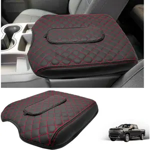Center Console Cover for Chevy Silverado/GMC Sierra Accessories 2019-2023 2024 2025 2026 Armrest Cover Middle Console Armrest Lid Leather Protector Pad Zipper Only for Jump Seat Console (Red Stitches)