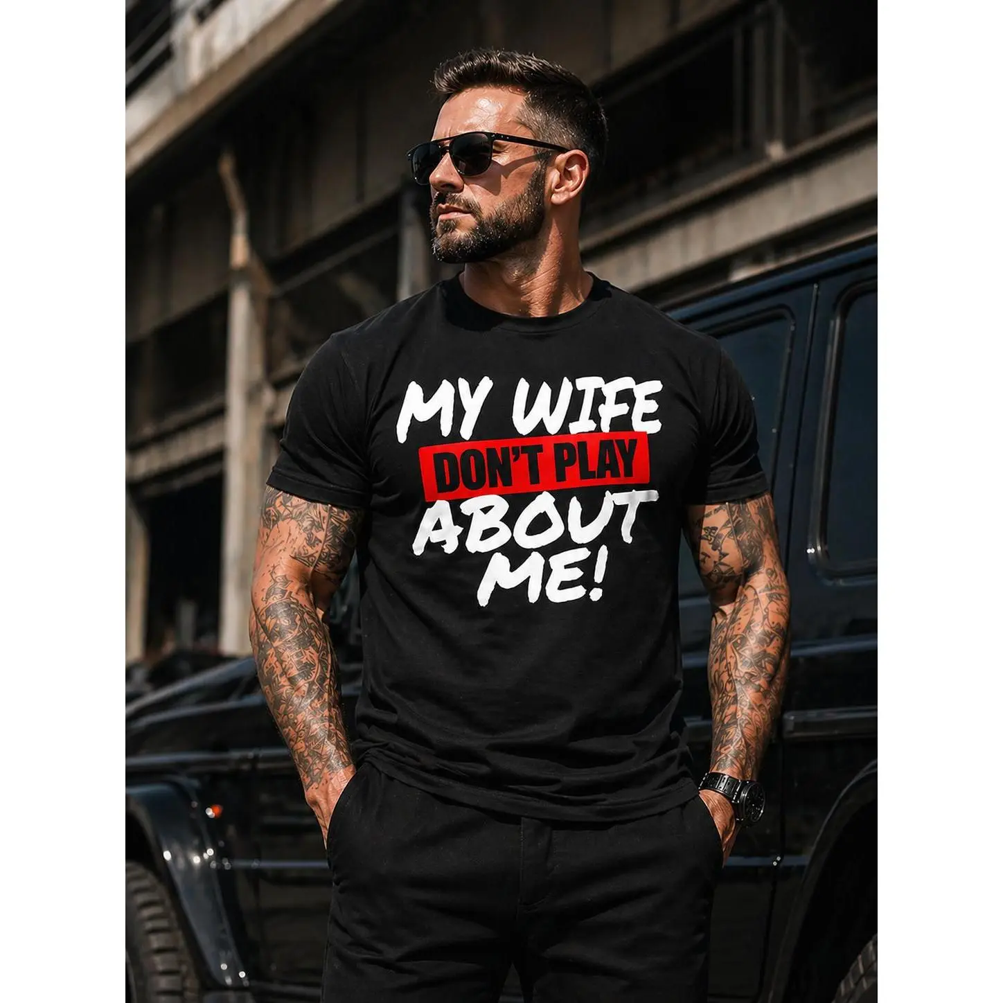 Men's "My Wife Don't Play About Me" Graphic T-Shirt, Casual Short Sleeve Streetwear in Breathable Fabric, Funny Couple Gift for Husbands, Shortsleeve, Menswear, Soft, Top