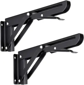 Sturdy Folding Shelf Brackets - Heavy Duty Black Metal Triangle Table Bench Folding Shelf Bracket 8 Inch, 2 count Folding Shelf Hinge Wall Mounted, Max Load 99lb