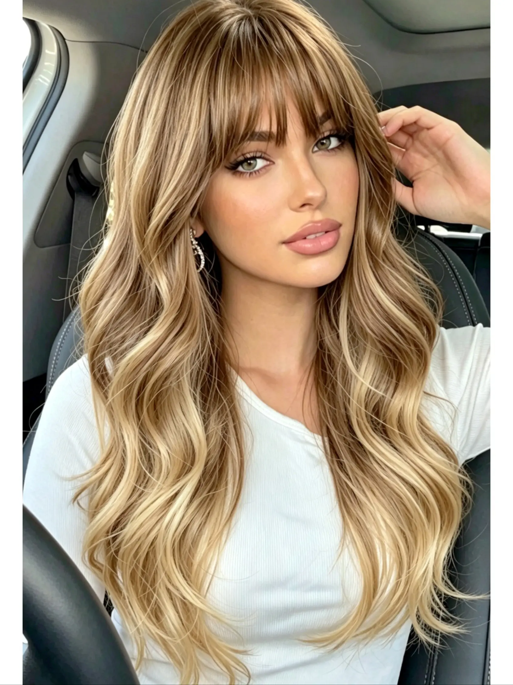 Balayage Blonde Wig with Fringe, Synthetic Hair Natural Looking Long Body Wave Wig for Daily & Party Use, Wigs with Bangs, Wavy Wig