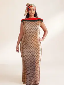 Women's Elegant Geometric Print Long Dress Set, Slim-Fitting Moo Moo Skirt & Scarf, Beach Sun Protection Shawl, All Seasons Fashion