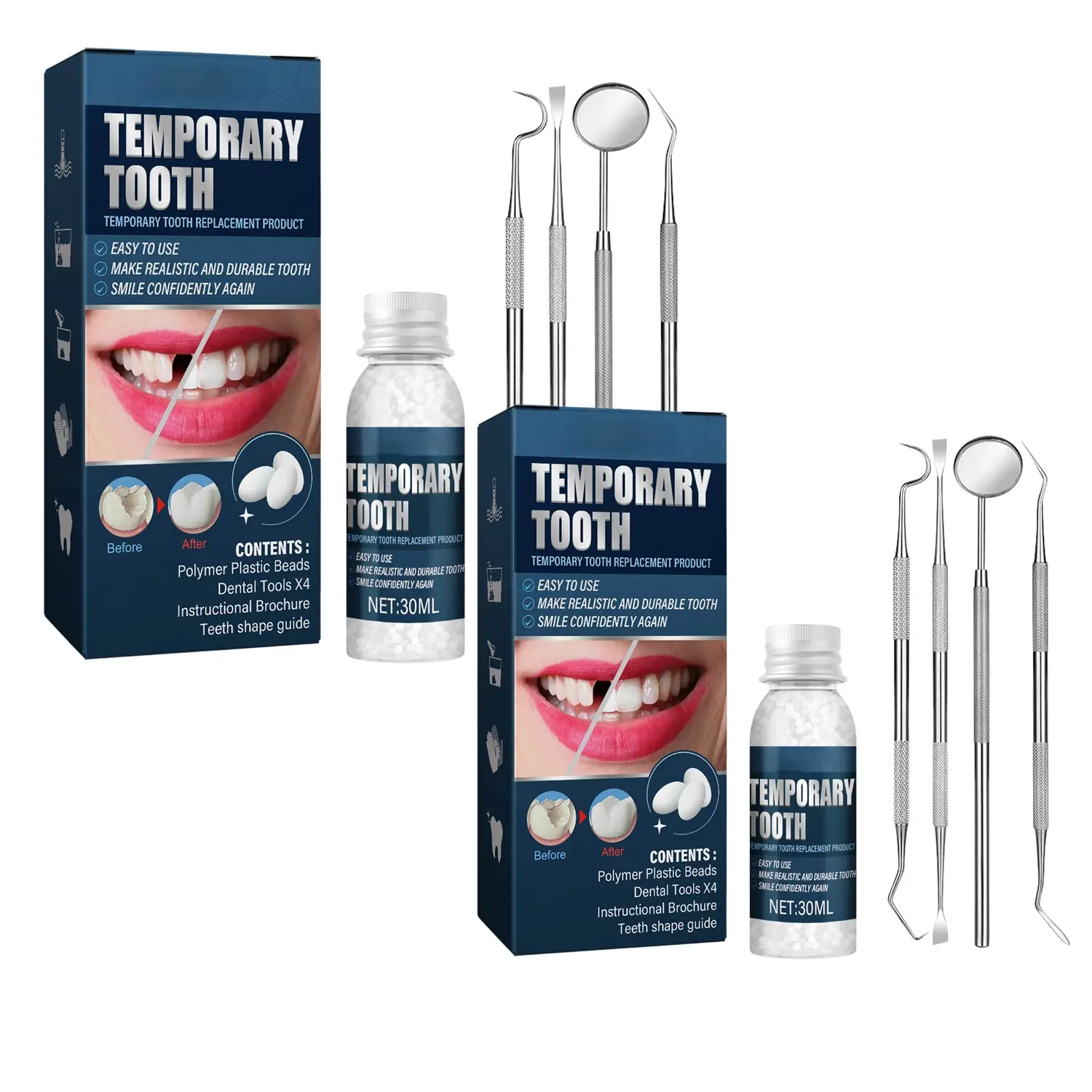 2 Pack Tooth Repair kit with 4 Dental Tools, Tooth Filling Repair The Missing Teeth, Dental Care Kit Fixing Broken Teeth, Save Smile Cause Bad Teeth and Smile Confidently Again