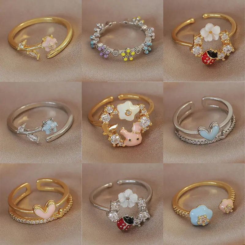 Spring and summer macaron-colored oil-drip flower heart ring with zircon inlay, open niche ring for women, personalized index finger ring Spring and summer macaron-colored oil-drip flower heart ring with zircon inlay, open niche ring for women, personalized index finger ring