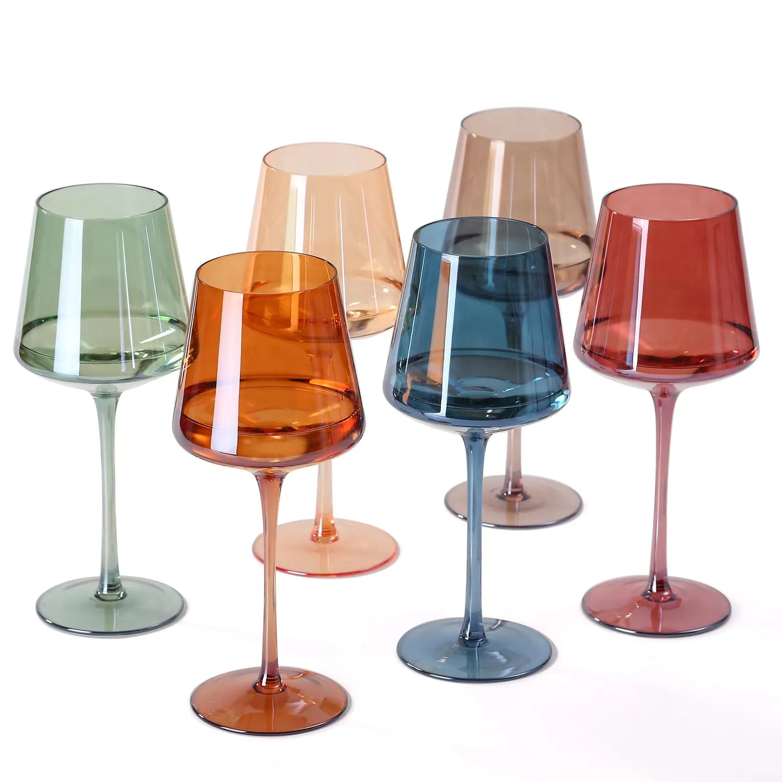 Hand Blown Colored Wine Glasses Set of 6-18oz with Tall Long Stems, Modern Design for Wine Lovers and Weddings - Drinkware crystal glassware