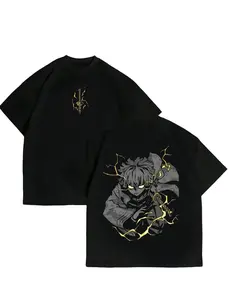 Vintage Washed Zenitsu T-Shirt Kimetsu no Yaiba Anime Shirt for Demon Slayer Fans Unisex Oversized Top with Gold Lightning Print Menswear