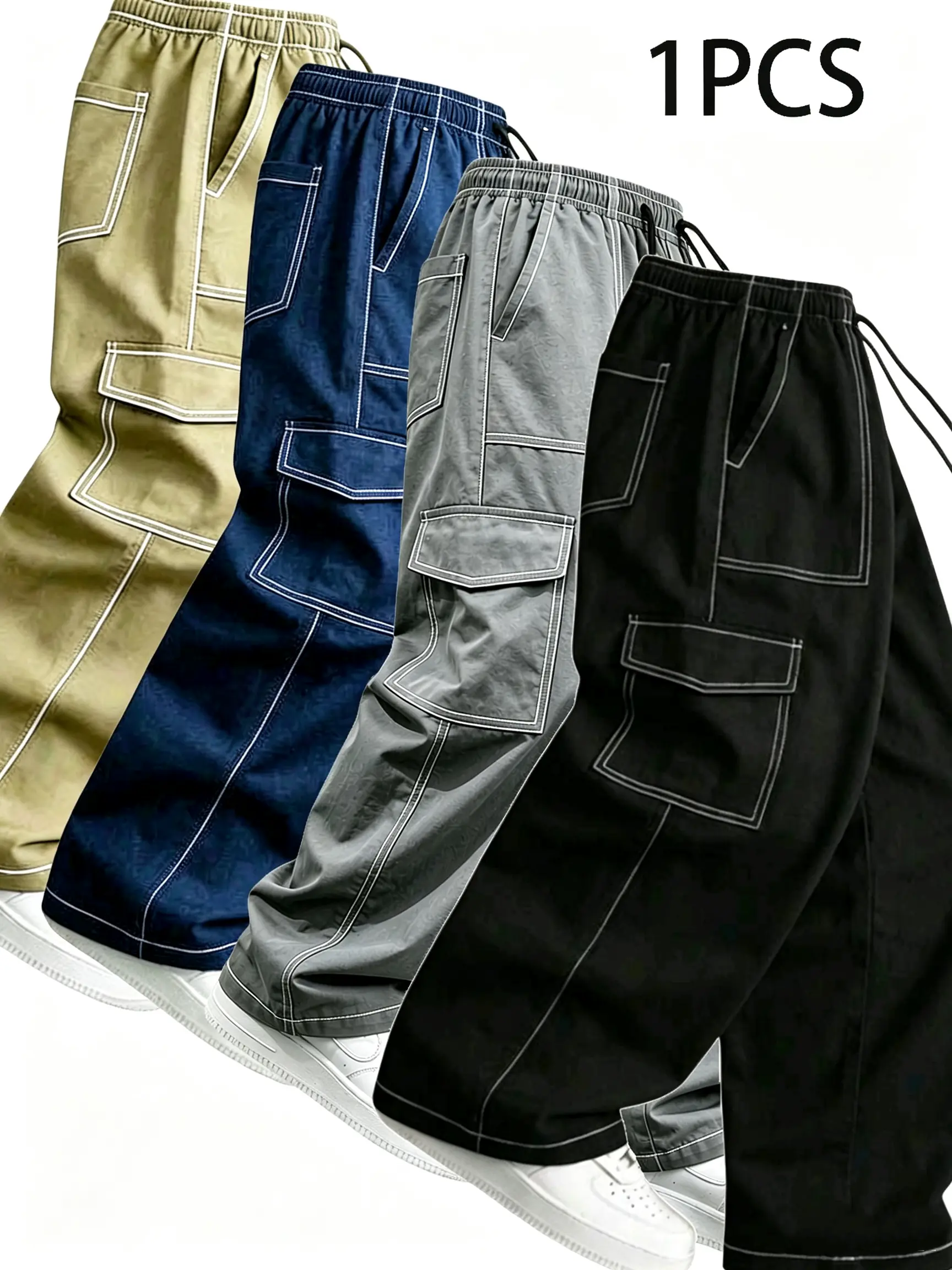Streetwear cargo pants with multiple pockets—loose, wide-leg fit with a fluid drape and straight cut; functional casual design for young trendsetters; versatile for everyday wear, commuting, and outdoor leisure; floor-length cargo pants.
